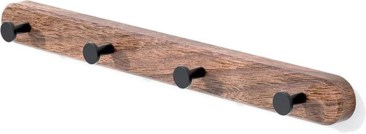 IURRDOP 16 Inch Walnut Wood Wall Mounted Coat Rack with 4 Matte Black Round Hooks Adhesive Mounted Entryway Hooks Modern Natural Wooden Pegs for Hanging Coat Clothes Hat Bag Purse Key and Towel