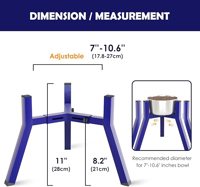 SHAINFUN Blue Raised Dog Bowl Stand, Adjustable Width Tall Elevated for 7-10.6" Bowls, Food Water Feeder, Metal Single Raised Holder, 11" Tall (Bowl Not Included)