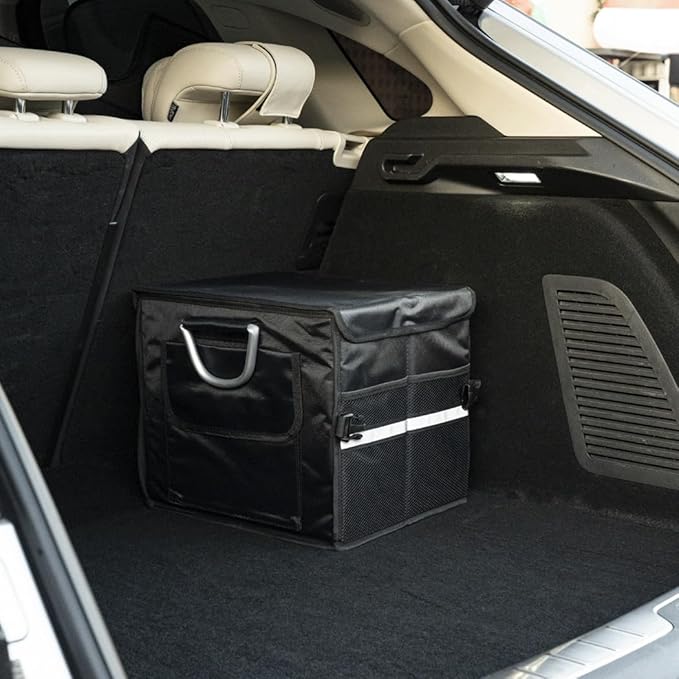 Trunk Organizer With Lid,Small,Black 28L,For SUV Car Truck,Collapsible Waterproof Oxford Fabric,Portable Multipurpose sorting,2-Compartments with Aluminium Alloy Handle