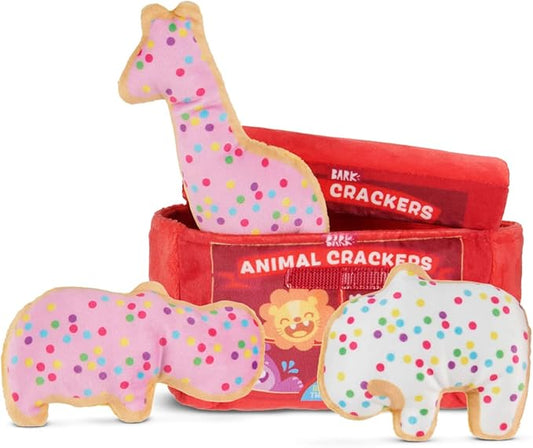 Barkbox Animal Squeakers Multi-Part Dog Toy – 4-in-1 Plush Toy Set with Treat-Hiding Crinkle Box & Three Squeaky Cookies – Fun Play for X-Small to Small Dogs