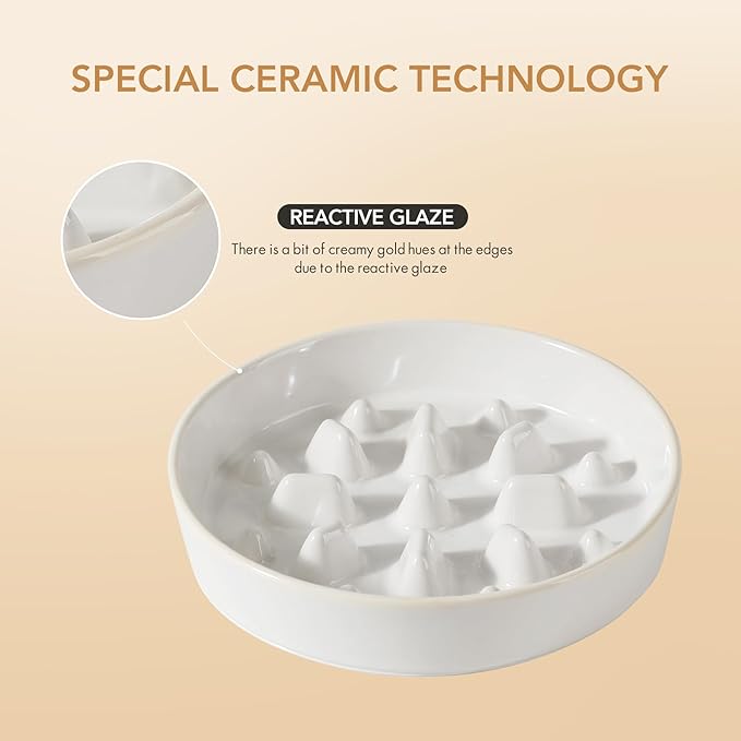 Ceramic 1.6 Cup Dog Bowl Slow Feeder for Fast Eaters, 8.2inch Slow Pet Food Dish for Medium and Large Dog, Stop Bloat, Preventing Choking(Single Bowl,Reactived Glaze -White)