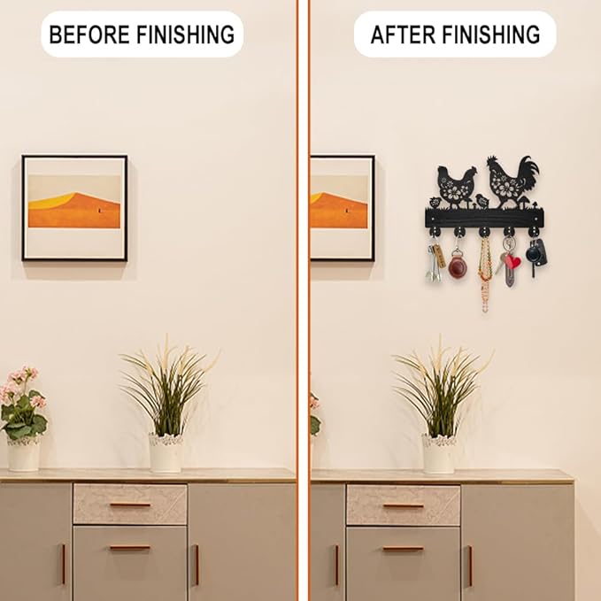 MAYJOYDIY Chicken Coat Hooks Wall Mount Floral Roosters Hens Chicks Wood Key Holder for Wall 11.8×7.9inch Black Animal Wall Art Decor Key Hooks 5 Alloy Hooks for Gift Farmhouse Entryway Living Room