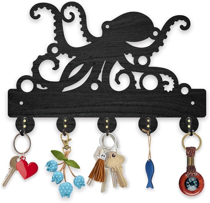 MAYJOYDIY Octopus Coat Hooks Wall Mount Octopus Tentacles Wood Key Holder for Wall 11.8×7.9inch Black Ocean Sealife Wall Art Decor Key Hooks 5 Alloy Hooks for Gift Entryway Living Room Kitchen Office