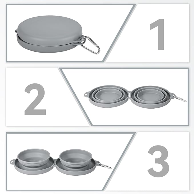 PNEUICALLY Collapsible Dog Water Bowl 2 in 1 Foldable Pet Food and Water Bowl Portable Cats Dishes with Carabiner Clip for Traveling Hiking Camping Walking (Grey)