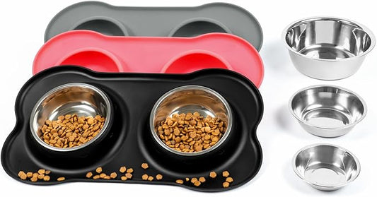 Stainless Steel Dog Bowls with Non-Slip Silicone Mat, Spill Proof Food & Water Bowls Set, Easy Clean Puppy Food Dish, Dishwasher Safe, Suitable for Dogs Cats Pet Under 20lbs, Small, Black