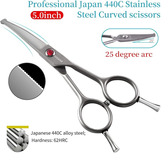 FOGOSP 4.5" Curved Dog Scissors for Grooming Face and Paws with Safety Round Tip for Small Dogs Face Paw Ears Trimmer Professional Small Cat Grooming Shears (4.5" Curved, Gray)