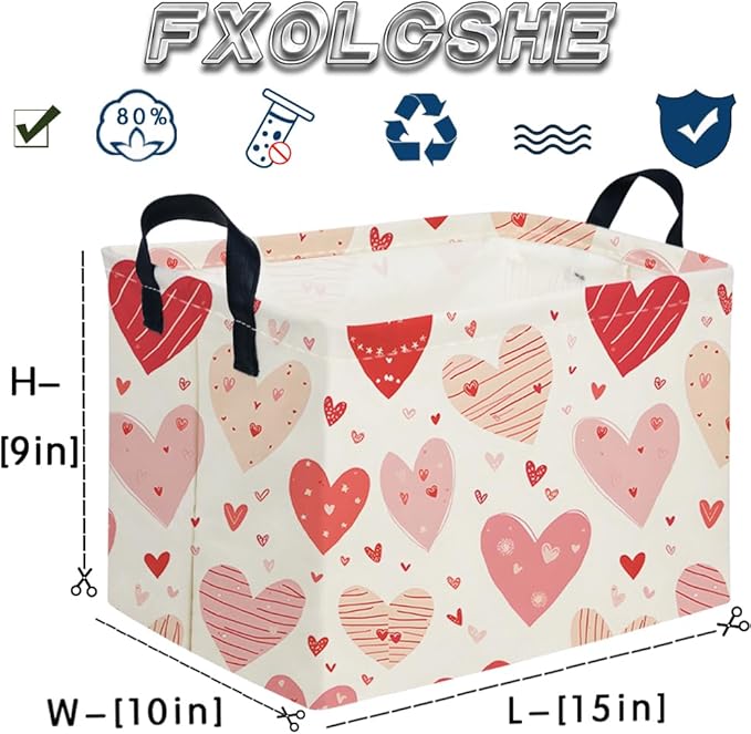 FXOCSHE Rectangular Pink Valentine's Day Gift Basket,nursery basket,Pink girls gift baskets,kids toy storage Bin, Love Heart Room Decor for Home,Shelf Baskets(Shaped lines Heart)
