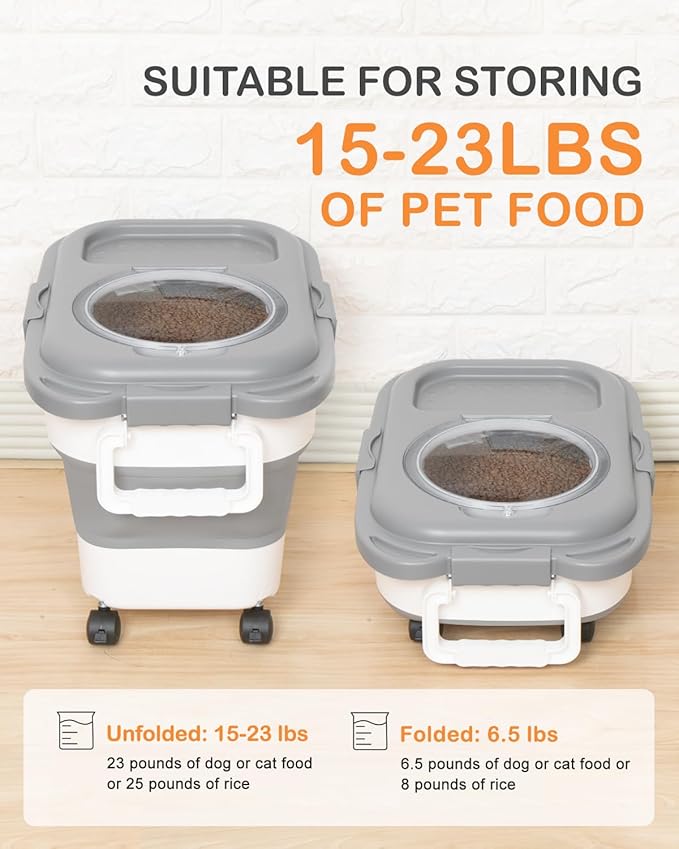 DDMOMMY 15-23 Lbs Dog Food Storage Container, Collapsible Dog Food Container with Airtight Lid, Wheels, Handle, Large Cat Food Storage Container with Scoop, Dog Bowl for Dog Cat