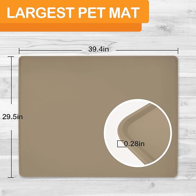 Dog Water Mat 39.4×29.5in - Silicone Dog Mats for Food and Water Extra Large - Pet Food Mat for Floors Waterproof - Pet Feeding Mats Prevent Water Food Spills - Taupe