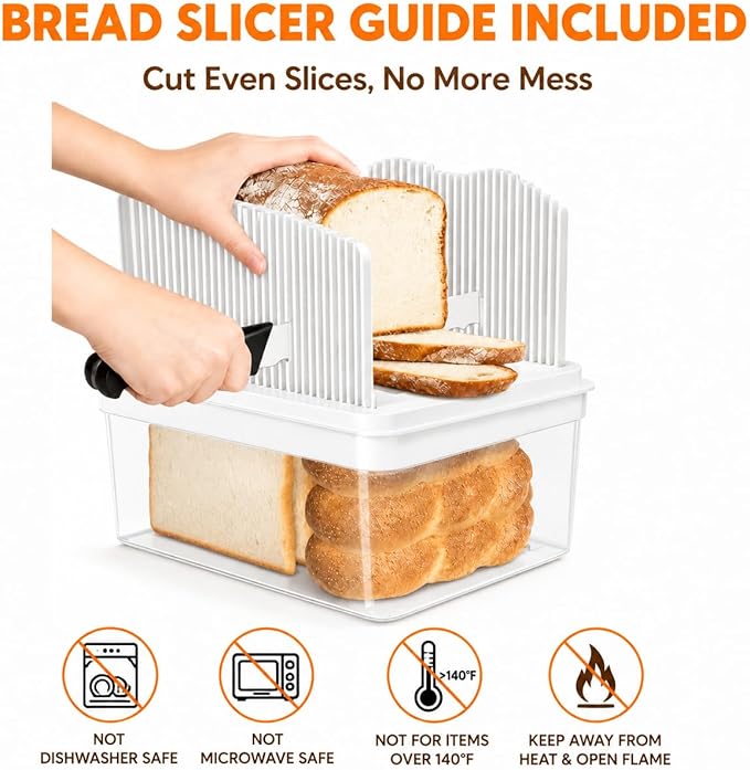 Bread Box with Slicer & Ice Chilled Condiment Caddy, Portable Airtight Bread Storage Container with Lid Handle for Kitchen Counter, Bread Keeper for Homemade Bread,Toast, Bagel, Cookies, White