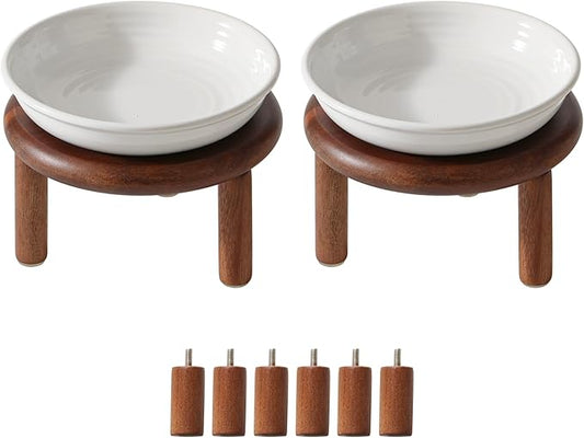2 Sets of Elevated Ceramic Cat Dish, Wide Whisker Friendly Anti-Slip Food & Water Bowl with 2 Heights Adjustable Acacia Wooden Stands (2 Dishes +2 Stands, White)