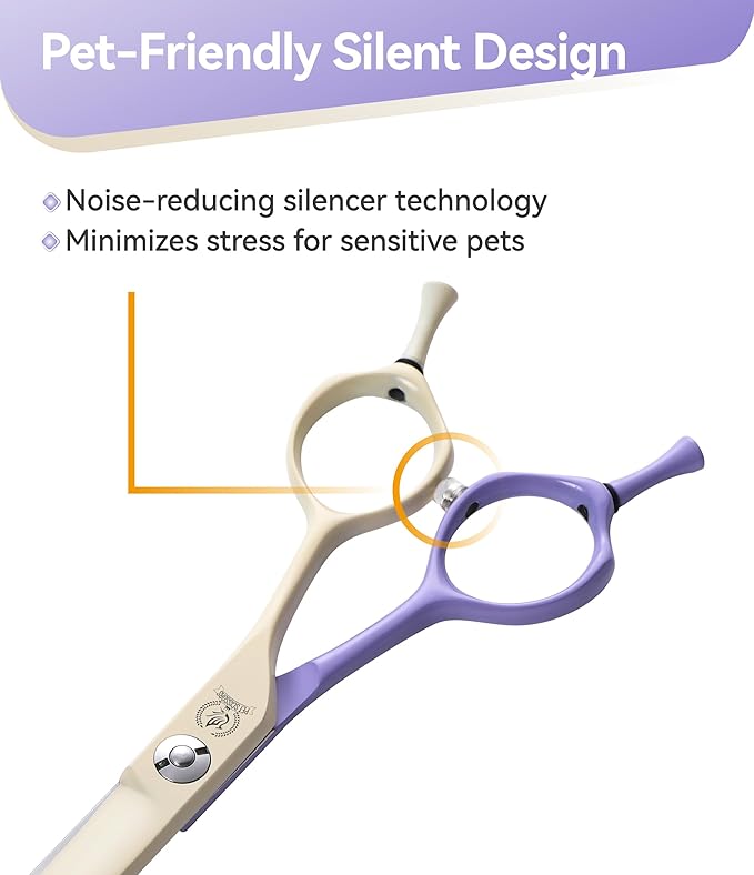 Fenice Peak Curved Dog Grooming Scissors with Coating 440C Stainless Steel, 7 inch Professional Curved Shears Dog Grooming，25 Degree of Curved Blade，Pet Shear for Trimming Face and Paw, Violet & White