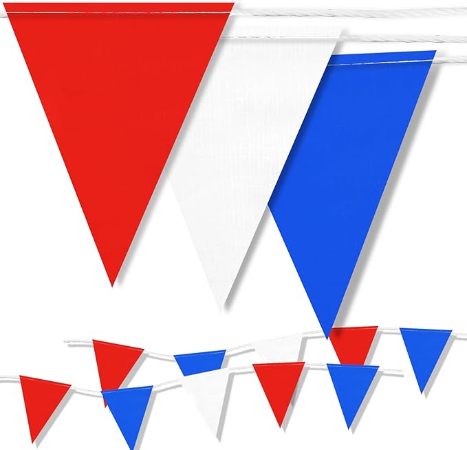 102FT High-Density 60 Pcs Triangle Pennant Banner Flags – Durable Safety & Event Marking Sign for Industrial and Outdoor Use (RED+WHITE+BLUE (102ft,60pcs))