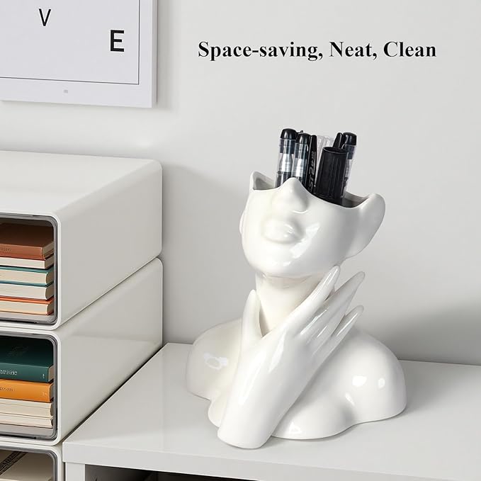 Ceramic Face Pen Holder Organizer, Female Form Face Pen Tools Storage Cup for Desk Accessories, Compact Pencil Holder for Desktop, Living Room, School, Home and Office Decor