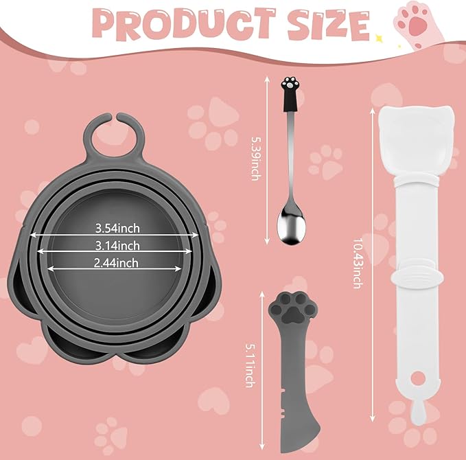 Yummy Sam 5 Pcs Pet Food Can Lids & Spoons Set, Including Wet Food Storage Can Covers for Multiple Sizes Pet Food Cans, Cat Can Opener, Cat Strip Feeder Spoon and Cat Spoons for Wet Food (Grey)