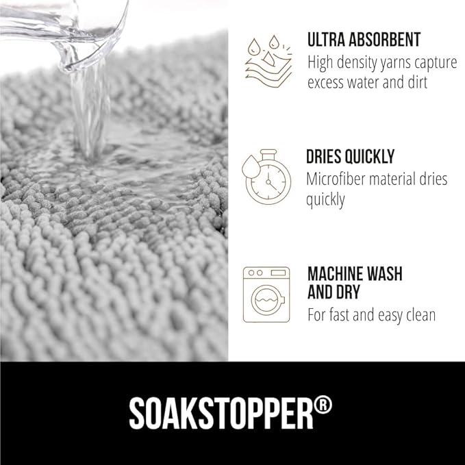 GORILLA GRIP SOAKSTOPPER Dog Door Mat, 60x36 Machine Washable Rug Absorbent Doormat Captures Moisture Mud Dirt, Quick Dry Soft Chenille Entryway Rugs Indoor Entrance Mats for Dog Paws, Light Gray