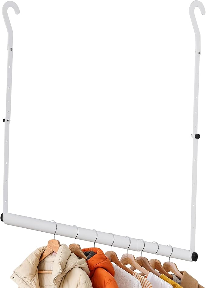 Stepless Extender Closet Hanging Rod - Heavy Duty Closet Rods for Hanging Clothes, Adjustable Width & Height, Space-Saving White Closet Organizer for Hanging & Drying Clothes, Easy to Install