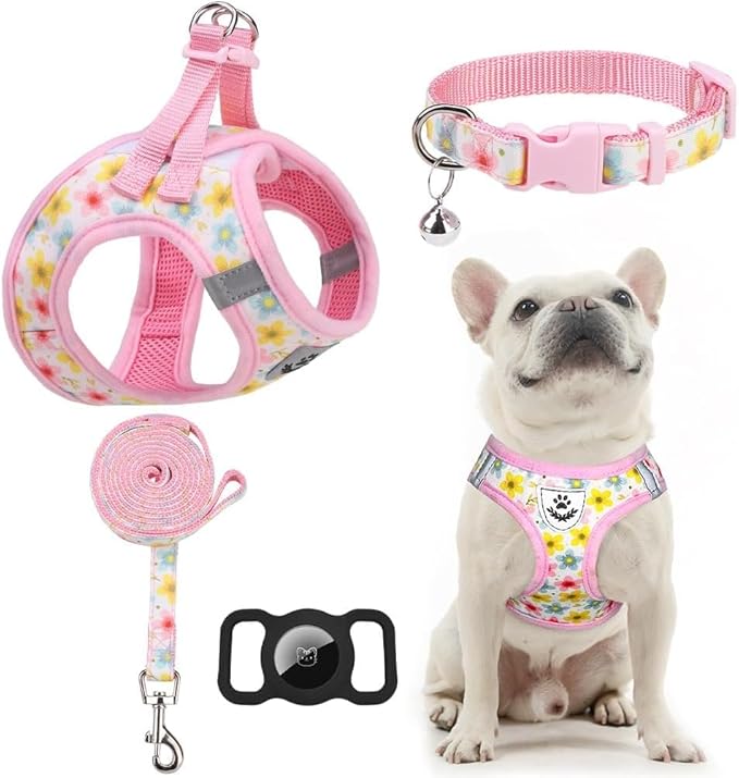 EXPAWLORER Small Dog Harness and Leash Set - Cute Puppy Harness Leash Dog Collar with AirTag Holder Silicone Case, Soft Padded Step in Pet Vest Reflective for Outdoor Walking, Floral XXS