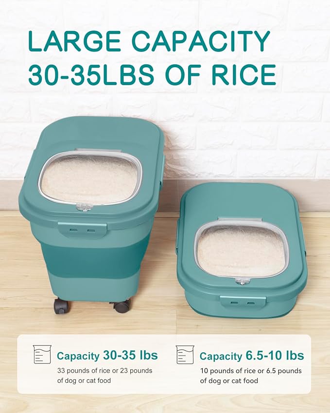 DDMOMMY 20-30 Lbs Rice Storage Container,Collapsible Food Storage Containers with Rolling Wheel Airtight Locking Lid,Flour Storage Container with Cup and Scoop,Suitable for Food,Rice,Pet Food,Flour