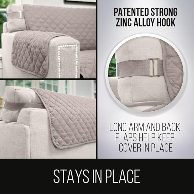 Sofa Shield Couch Slip Covers for Dogs, Reversible Furniture Protector with Strap, Stain and Tear Resistant Cushion Cover, 62 inch Seat, Machine Washable Slipcover Pets, Cats, Light Taupe