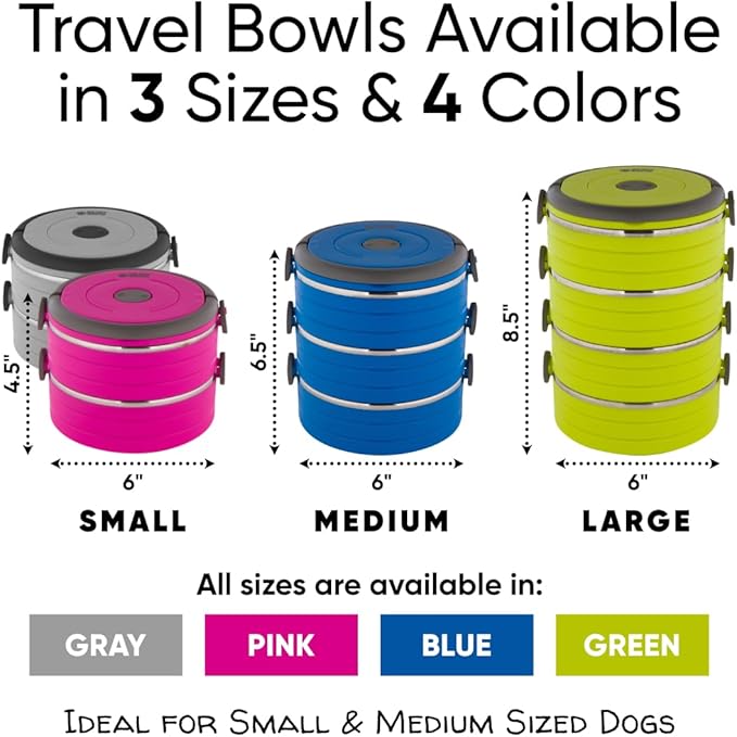 Healthy Human Travel Pet Bento Bowls - Human-Grade Stainless Steel & BPA-Free, Leak-Proof Water & Food Container Set for Dogs & Cats, 4-Pack Interlocking Bowls, Includes Spare Clips & Handle (Gray)