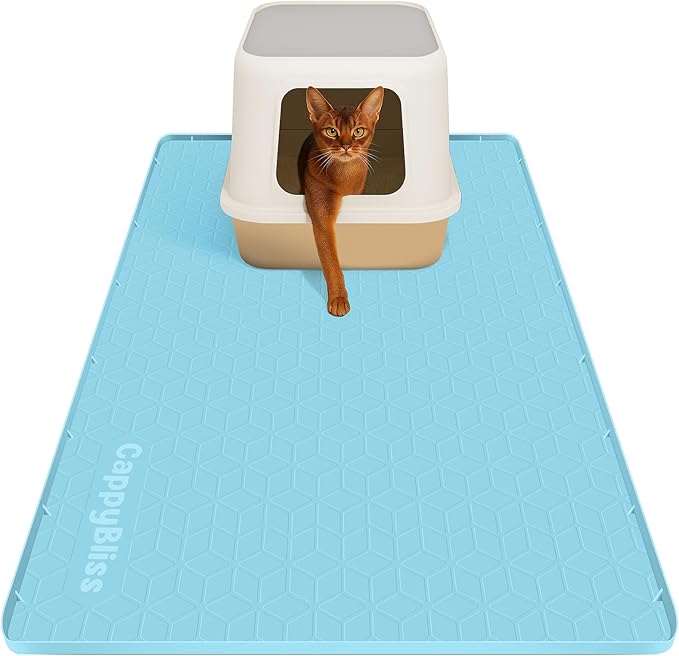 Large Cat Mat for Litter Box, 34"x22" Waterproof Silicone Mat with Litter Trapping, Easy Clean & Non-Slip Floor Pad for Indoor Cats, Blue