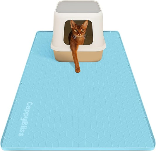 Large Cat Mat for Litter Box, 34"x22" Waterproof Silicone Mat with Litter Trapping, Easy Clean & Non-Slip Floor Pad for Indoor Cats, Blue
