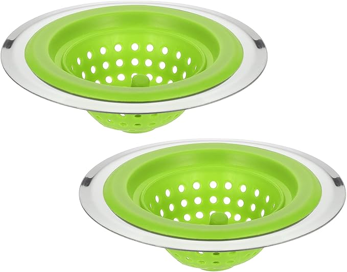 uxcell Silicone Sink Strainer, 2Pcs Kitchen Sink Drain Strainer Stopper with Detachable Stainless Steel Edge 4.4" Diameter Rim, Green