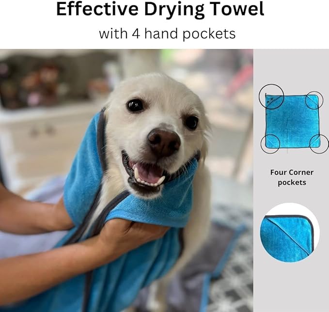 Penny & Niko Multi Purpose Microfiber Pet Towel - Drying Towel/Hooded Robe for Dogs and Cats (30 x 30-2 Pack, Blue/Gray)