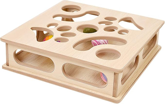 DI BI GRAMAS Cat Interactive Box Puzzle Toy with 3 Small Balls and 1 Bell Indoor Hunting Exercise Toy for Kittens Natural Wood Material