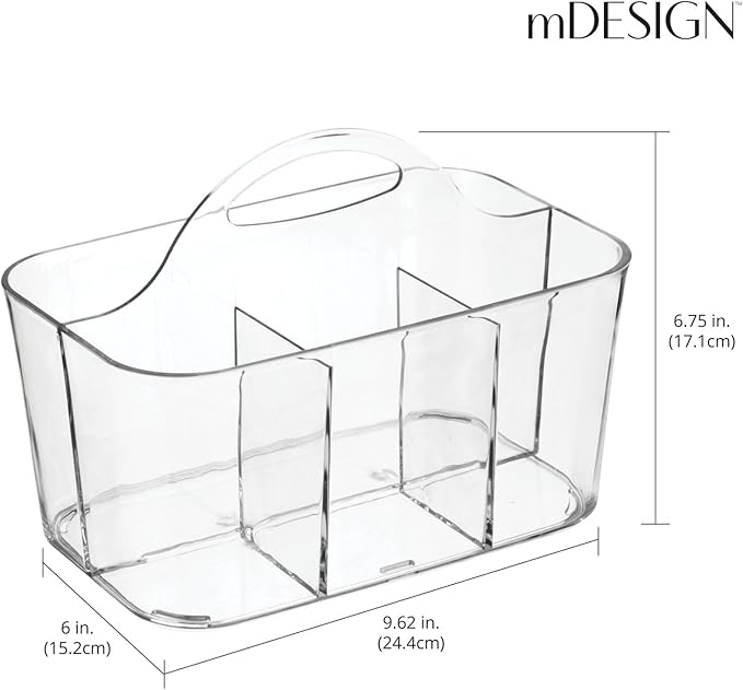 mDesign School Supplies Desk Organizer Tote for Scissors, Pens, Pencils, Notepads, Markers, Highlighters, Tape - Small, Clear