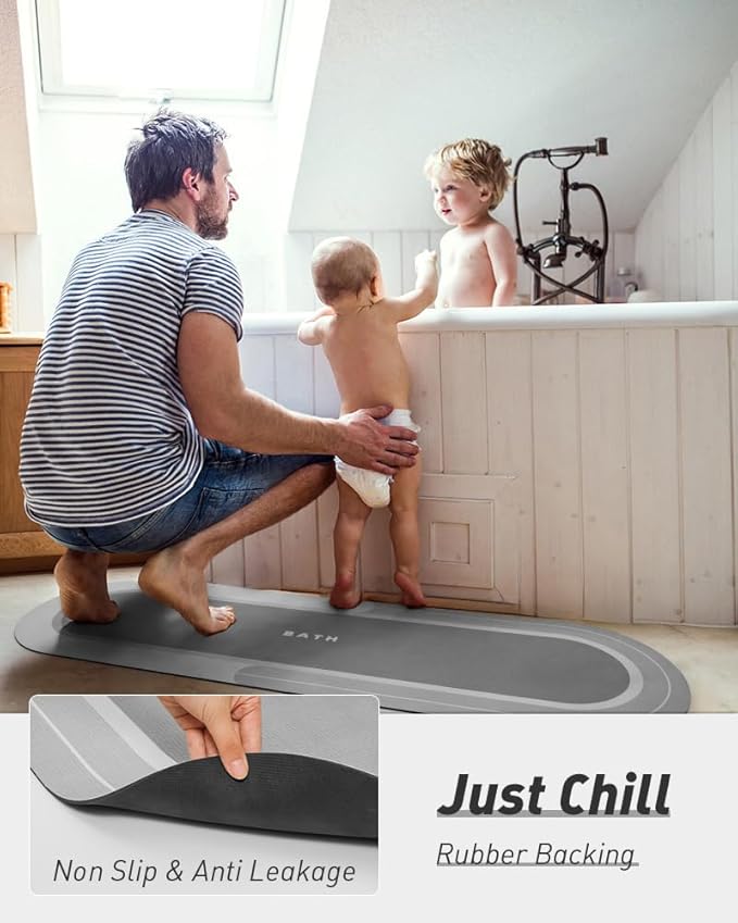 MontVoo Bath Mat Runner - Long Non Slip Absorbent Quick Dry Thin Bath Rug for Bathroom Floor Mat - Rubber Backed - Stain Resistant - Easy Care - Gray 17"x50"