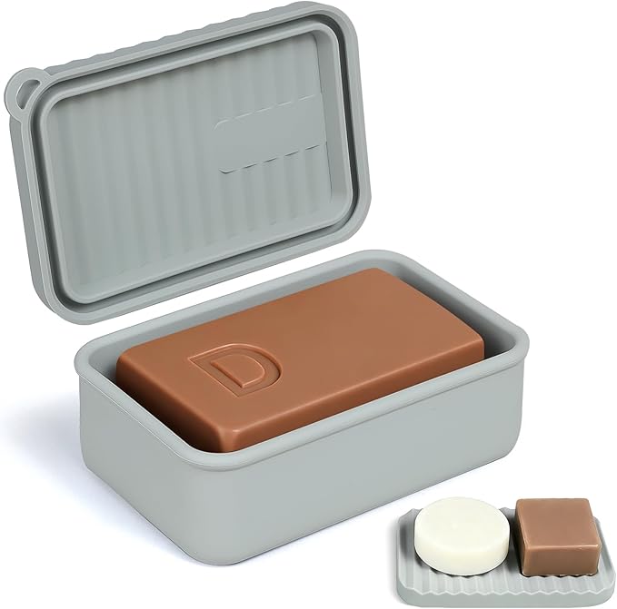 OTHIX Large Travel Soap Case, Silicone Leak Proof Soap Holder Compatible with 10 oz Duke Cannon ＆ Dr. Squatch | for Long Journey, Gym & Camping | Easy to Clean (Gray)