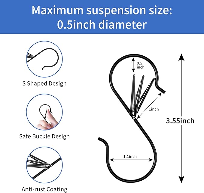 S Hooks for Hanging Hanger,Purse Hooks Hanging Bag Hanger,3.5-inch Heavy Duty Metal S Hook with Safety Buckle Metal S Shaped Hooks for Home Kitchen Closet Organizer,Suitable for 0.5 inch Rods (50)