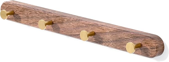 IURRDOP 16 Inch Walnut Wood Wall Mounted Coat Rack with 4 Golden Round Hooks, Adhesive Mounted Entryway Hooks, Modern Natural Wooden Pegs for Hanging Coat Clothes Hat Bag Purse Key and Towel