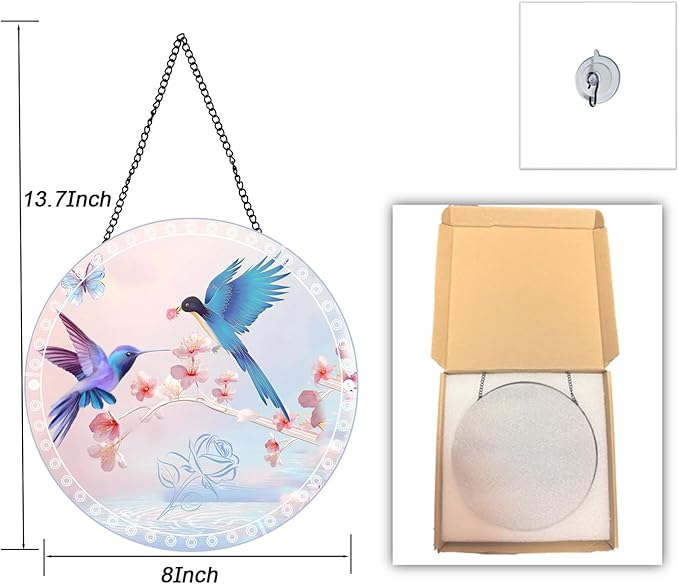 Hummingbird Suncatcher 8 Inch Stained Glass Window Hanging Diamond Chain Hooks – Indoor/Outdoor Window Wall Art Home Décor -Gift for Women Men Valentine's Day Thanksgiving Ornaments Festival Gifts