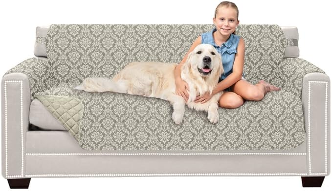 Sofa Shield Couch Slip Cover with Patented Strap, Cushion Protector, US Designed Reversible Stain and Dog Tear Resistant Slipcover, 62 inch Seat, Washable Covers for Dogs Pets, Damask Latte Ivory