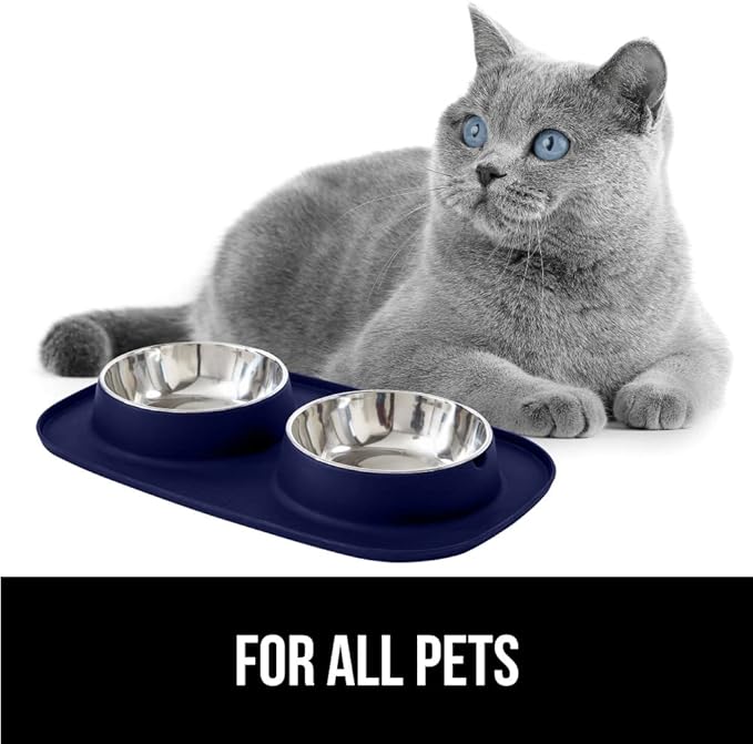 GORILLA GRIP Feeding Mat Set, 3 Cup, Patent Pending 100% Waterproof BPA Free Silicone, Stainless Steel Cat and Dog Bowls, Slip Resistant, Edges Catch Water Food, US Designed Pet Accessories, Navy Blue