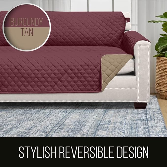 Sofa Shield Couch Loveseat Covers for Dogs, Reversible Furniture Protector with Strap, Stain and Tear Resistant Cushion Cover, 54 inch Seat, Machine Washable Slipcover Pets, Cats, Burgundy Tan