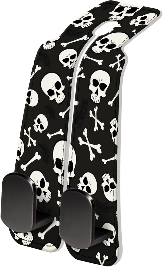 PU Leather Car Seat Hook, Storage Headrest Hanger, Cute Car Backseat Organizer, Car Hooks For Purses and Bags White Skull Black