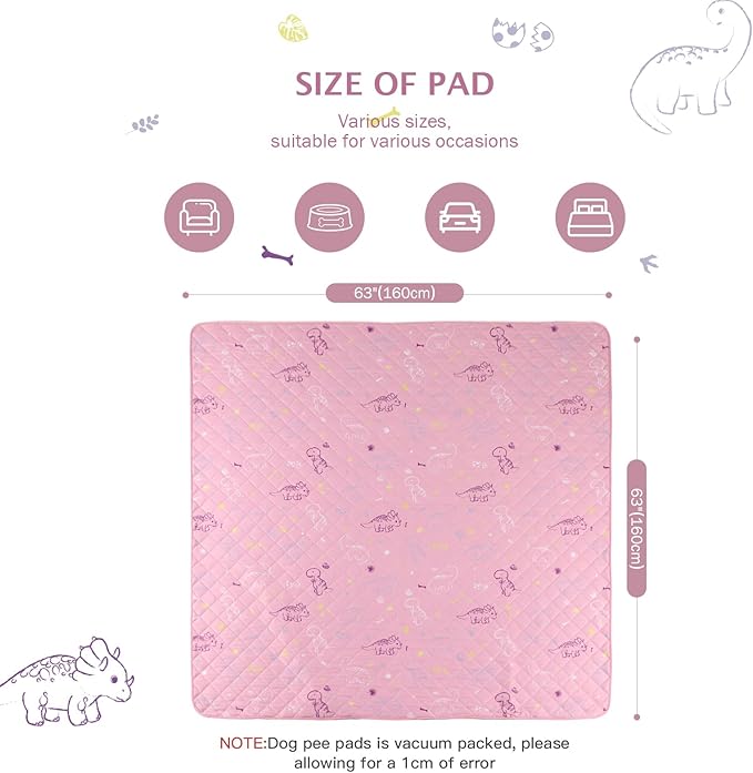 IEUUMLER Washable Pee Pads for Dogs, 1 Pack Non-Slip & Waterproof Pack Whelping Pad, Reusable Washable Puppy Potty Training Pad with Fast Absorbent for Playpen EU007 (Pink Dinosaur, 63"X63"-1pcs)
