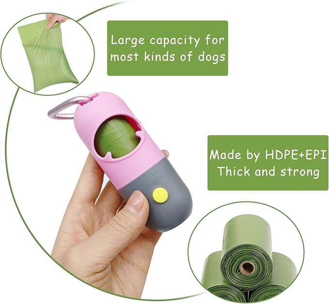 Morn Light 2 Pack Poop Bag Holder with Flashlight Waste Bag Dispenser for Leash with Clip and Battery Poop Bag Dispenser with Green Scented Poop Bags for Dog Walking(Pink,2 Dispenser 60 Bags)