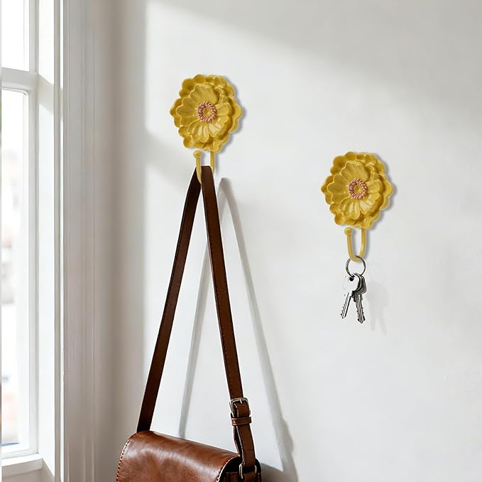Guichifun Flower Shaped Decorative Wall Hooks - 2pcs Resin Yellow Vintage Decor Hanger for Keys, Bags, Towels Bathroom Living Room Kitchen Home Decoration Gift 4.3 x 2.2 x 6 Inch