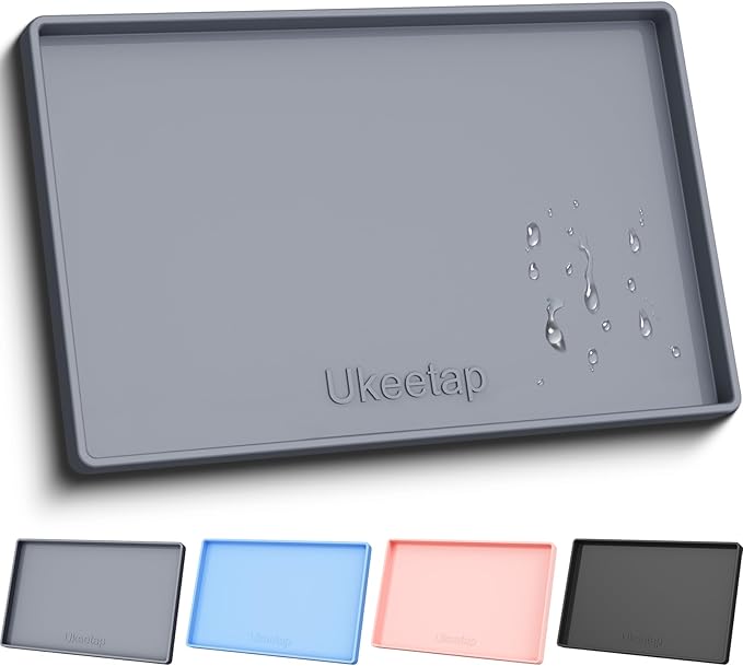 Extra Thick Silicone Mat Waterproof with Raised Edge 19” x 12”, BPA Free Non-Slip Dog & Cat Food Mat, Feeding Mat for Food and Water Bowls, Spill Proof Mat to Protect Floors, Gray
