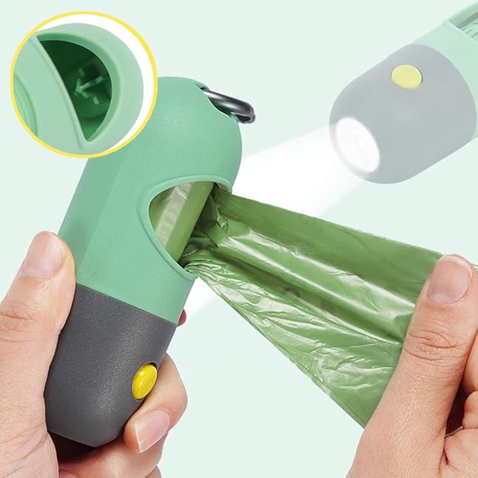 Dog Poop Bag Dispenser with Built-in LED Flashlight and Metal Clip for Leash, Pet Waste Bag Holder, Dog Walking Accessory, Mint Green