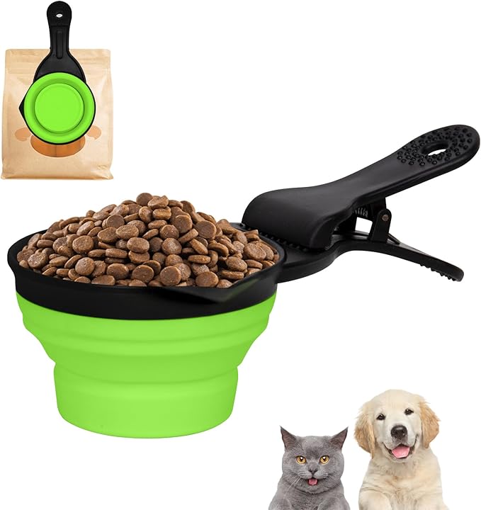 PNEUICALLY Collapsible Dog Food Scoop Foldable Pet Food Bag Clip 3 in 1 Multi-function Silicone Cat Food Measuring Cup Scoop Dog Food Scooper Pet Food Storage Clip (Green, 1 Cup Capacity(1 Pack))