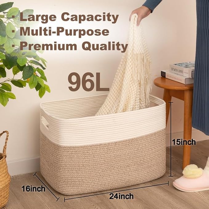 SIXDOVE Extra Large Blanket Basket, Toy Basket Bin for Kids, Cotton Rope Woven Storage Basket for Living Room, Nursery, Baby Room Decorative Organizer, 24''×16''×15'', Brown & White
