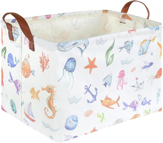 FXOCSHE Rectangle Fish Basket,Ocean Animals Waterproof Kids foldable Laundry Basket,Nursery Hamper,Boys and Girls Hamper,kids Room decor, kids toy organizer,Gift basket(Ocean Animals)