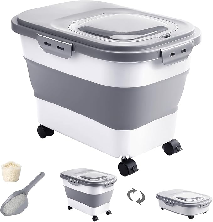 DDMOMMY 20-30 Lbs Rice Storage Container,Collapsible Food Storage Containers with Rolling Wheel Airtight Locking Lid,Flour Storage Container with Cup and Scoop,Suitable for Food,Rice,Pet Food,Flour