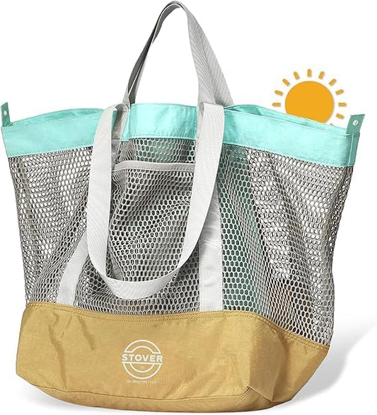 STOVER Large Mesh Beach Bag, Vacation, Pool, Shopping, & Travel Tote - Foldable w/Storage Pockets for Women, Men & Families